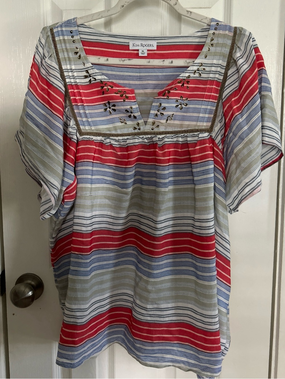 Kim Rogers Red, Blue & Olive Striped Embroidered Peasant Top